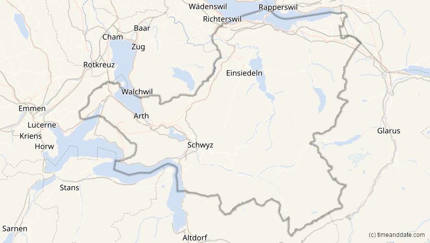 A map of Schwyz, Schweiz, showing the path of the 1. Aug 2008 Totale Sonnenfinsternis