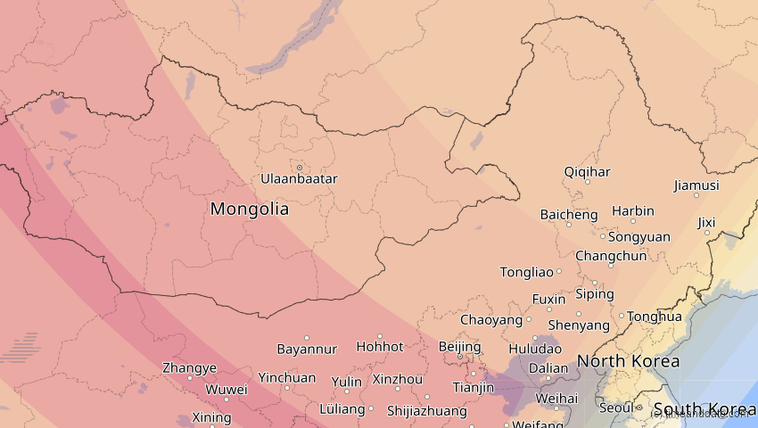 A map of Innere Mongolei, China, showing the path of the 1. Aug 2008 Totale Sonnenfinsternis
