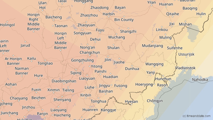 A map of Jilin, China, showing the path of the 1. Aug 2008 Totale Sonnenfinsternis