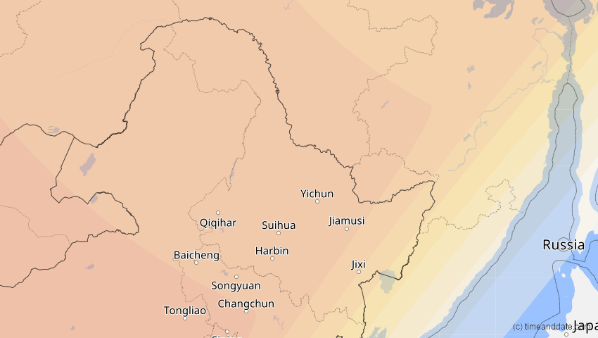 A map of Heilongjiang, China, showing the path of the 1. Aug 2008 Totale Sonnenfinsternis
