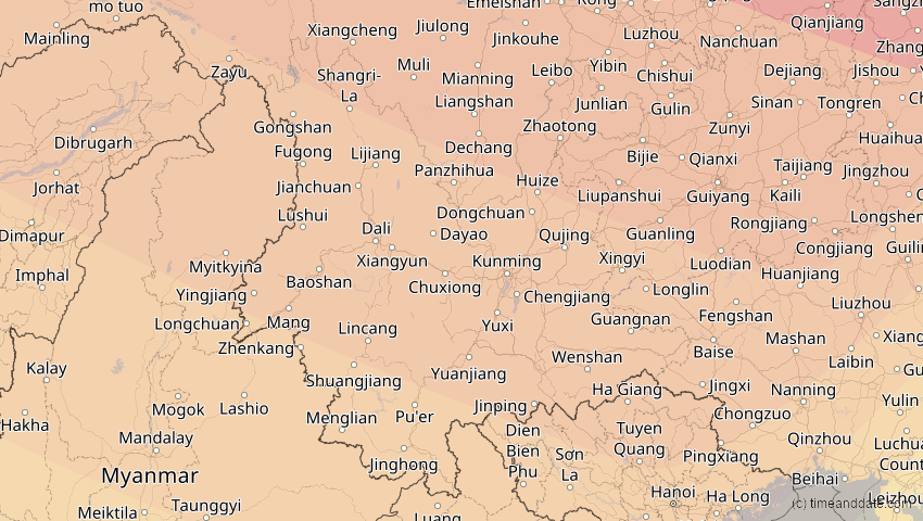 A map of Yunnan, China, showing the path of the 1. Aug 2008 Totale Sonnenfinsternis