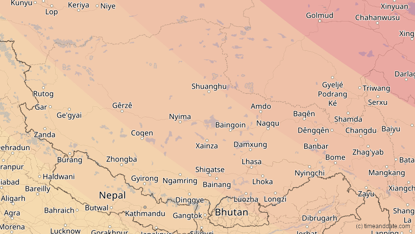 A map of Tibet, China, showing the path of the 1. Aug 2008 Totale Sonnenfinsternis