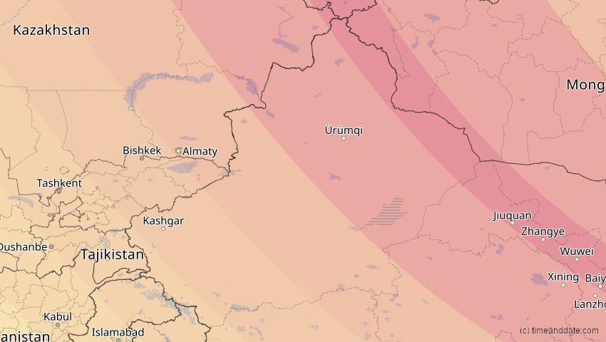 A map of Xinjiang, China, showing the path of the 1. Aug 2008 Totale Sonnenfinsternis