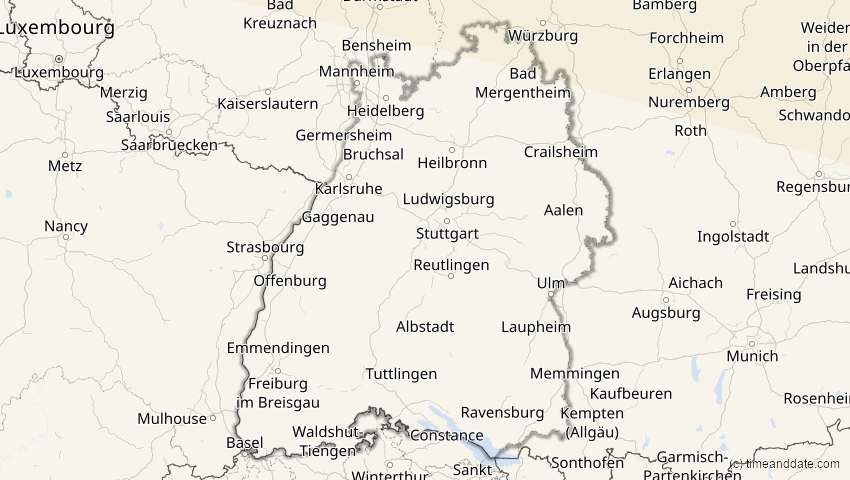 A map of Baden-Württemberg, Deutschland, showing the path of the 1. Aug 2008 Totale Sonnenfinsternis