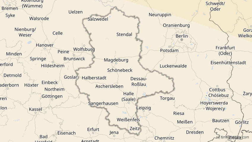A map of Sachsen-Anhalt, Deutschland, showing the path of the 1. Aug 2008 Totale Sonnenfinsternis