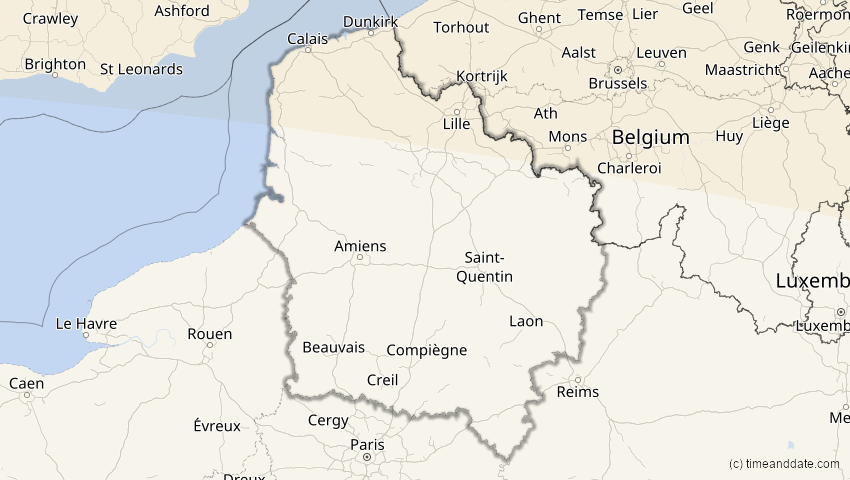 A map of Hauts-de-France, Frankreich, showing the path of the 1. Aug 2008 Totale Sonnenfinsternis