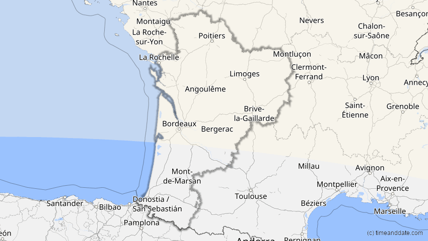 A map of Nouvelle-Aquitaine, Frankreich, showing the path of the 1. Aug 2008 Totale Sonnenfinsternis
