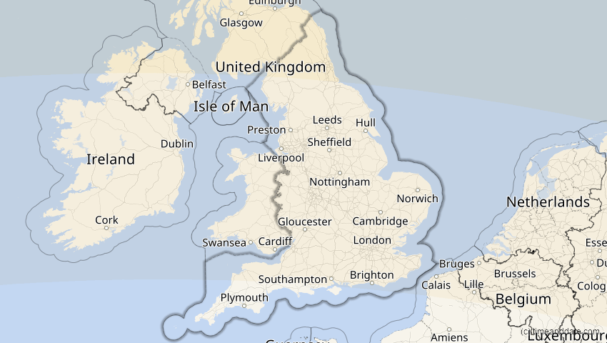 A map of England, Großbritannien, showing the path of the 1. Aug 2008 Totale Sonnenfinsternis