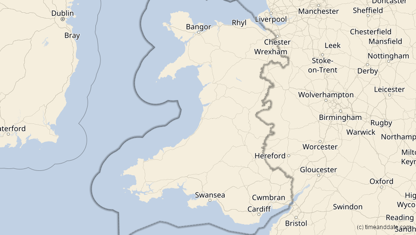 A map of Wales, Großbritannien, showing the path of the 1. Aug 2008 Totale Sonnenfinsternis