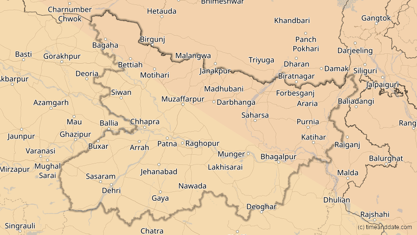 A map of Bihar, Indien, showing the path of the 1. Aug 2008 Totale Sonnenfinsternis