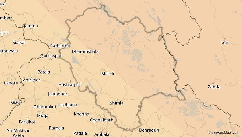 A map of Himachal Pradesh, Indien, showing the path of the 1. Aug 2008 Totale Sonnenfinsternis