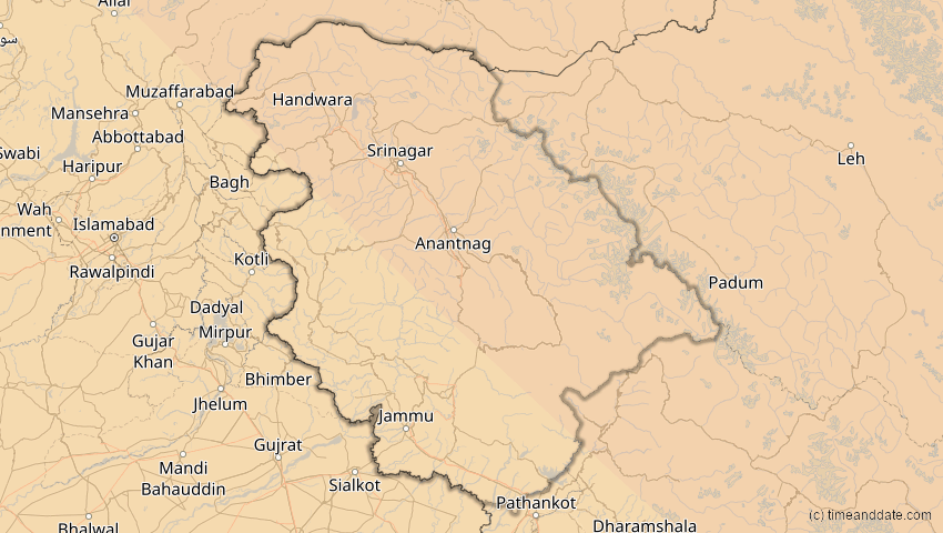 A map of Jammu und Kashmir, Indien, showing the path of the 1. Aug 2008 Totale Sonnenfinsternis