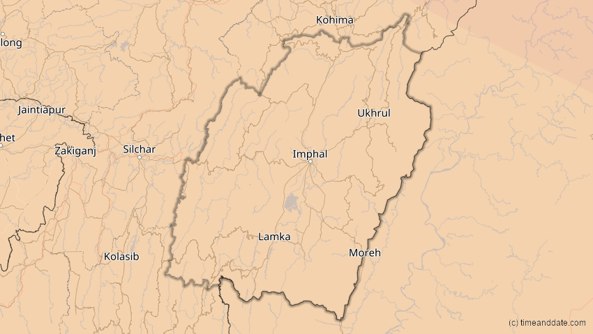 A map of Manipur, Indien, showing the path of the 1. Aug 2008 Totale Sonnenfinsternis