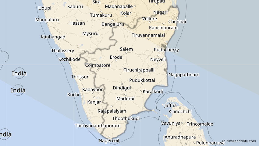 A map of Tamil Nadu, Indien, showing the path of the 1. Aug 2008 Totale Sonnenfinsternis