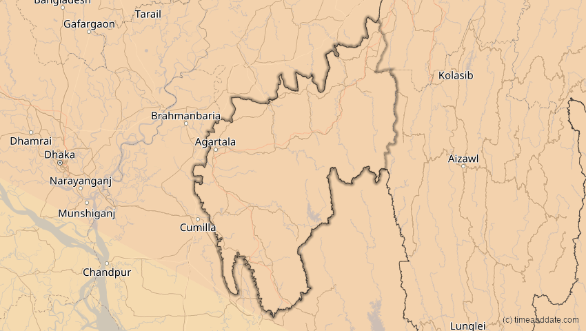 A map of Tripura, Indien, showing the path of the 1. Aug 2008 Totale Sonnenfinsternis