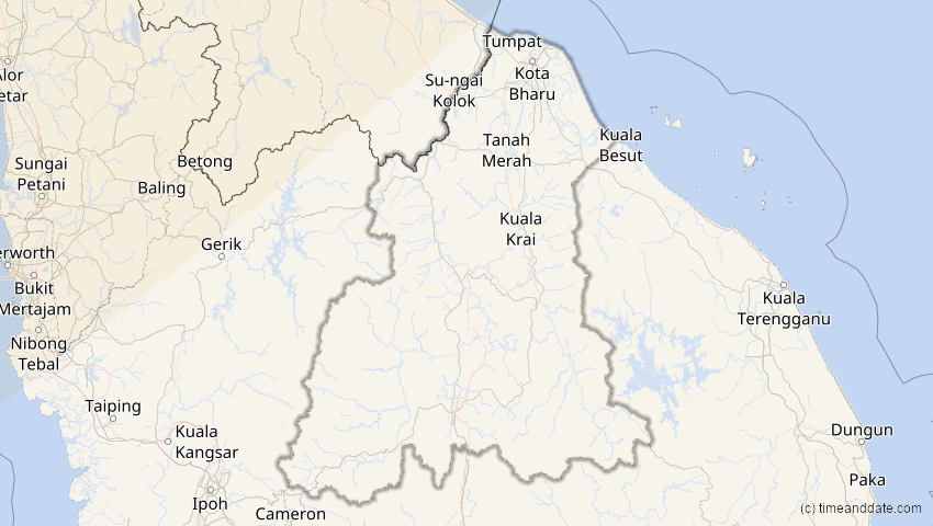 A map of Kelantan, Malaysia, showing the path of the 1. Aug 2008 Totale Sonnenfinsternis