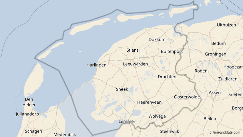 A map of Friesland, Niederlande, showing the path of the 1. Aug 2008 Totale Sonnenfinsternis