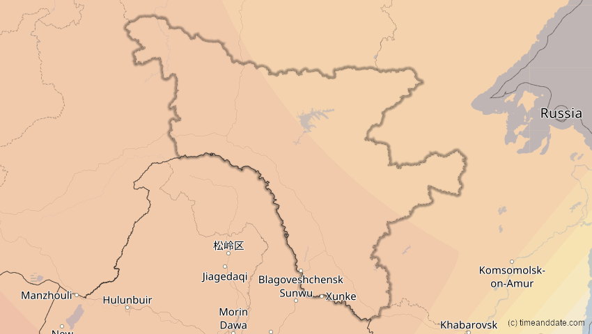 A map of Amur, Russland, showing the path of the 1. Aug 2008 Totale Sonnenfinsternis