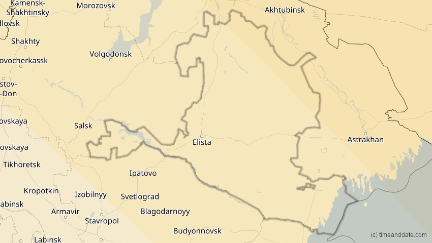 A map of Kalmückien, Russland, showing the path of the 1. Aug 2008 Totale Sonnenfinsternis