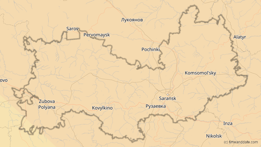 A map of Mordwinien, Russland, showing the path of the 1. Aug 2008 Totale Sonnenfinsternis