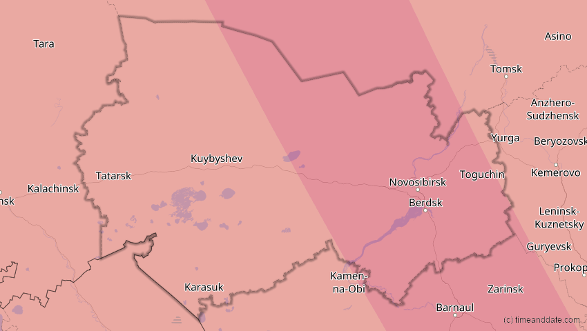 A map of Nowosibirsk, Russland, showing the path of the 1. Aug 2008 Totale Sonnenfinsternis