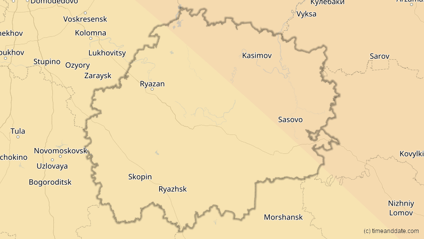 A map of Rjasan, Russland, showing the path of the 1. Aug 2008 Totale Sonnenfinsternis