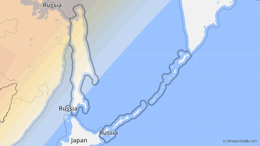 A map of Sachalin, Russland, showing the path of the 1. Aug 2008 Totale Sonnenfinsternis