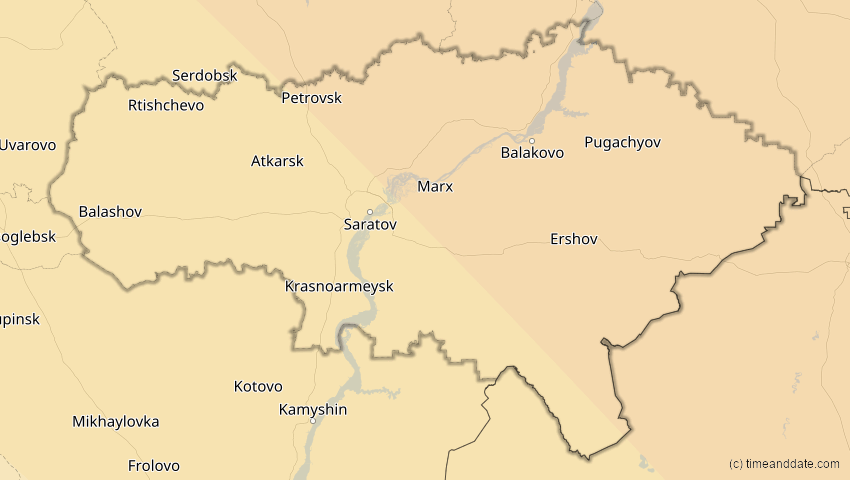 A map of Saratow, Russland, showing the path of the 1. Aug 2008 Totale Sonnenfinsternis
