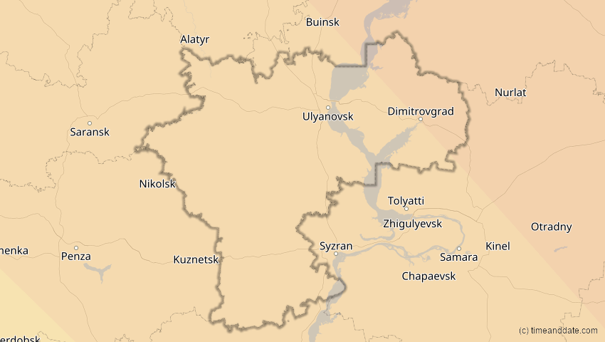 A map of Uljanowsk, Russland, showing the path of the 1. Aug 2008 Totale Sonnenfinsternis