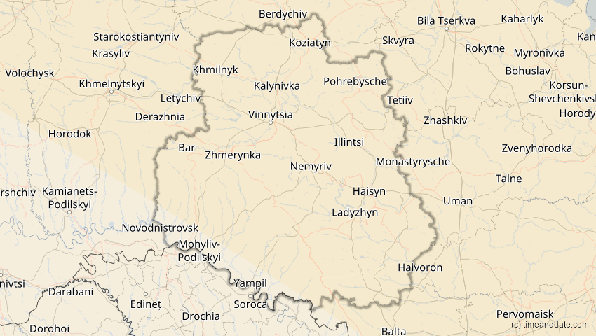 A map of Winnyzja, Ukraine, showing the path of the 1. Aug 2008 Totale Sonnenfinsternis