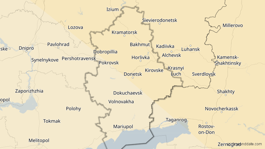A map of Donezk, Ukraine, showing the path of the 1. Aug 2008 Totale Sonnenfinsternis