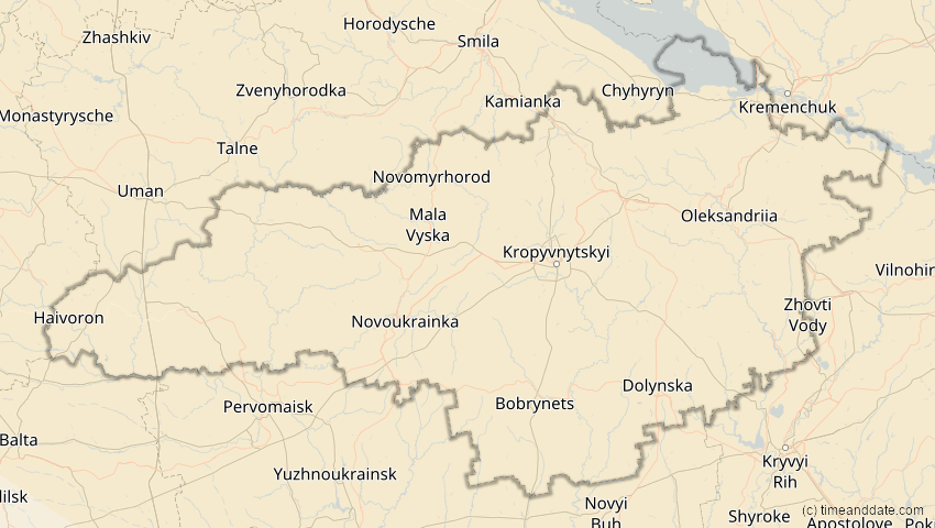 A map of Kirowohrad, Ukraine, showing the path of the 1. Aug 2008 Totale Sonnenfinsternis
