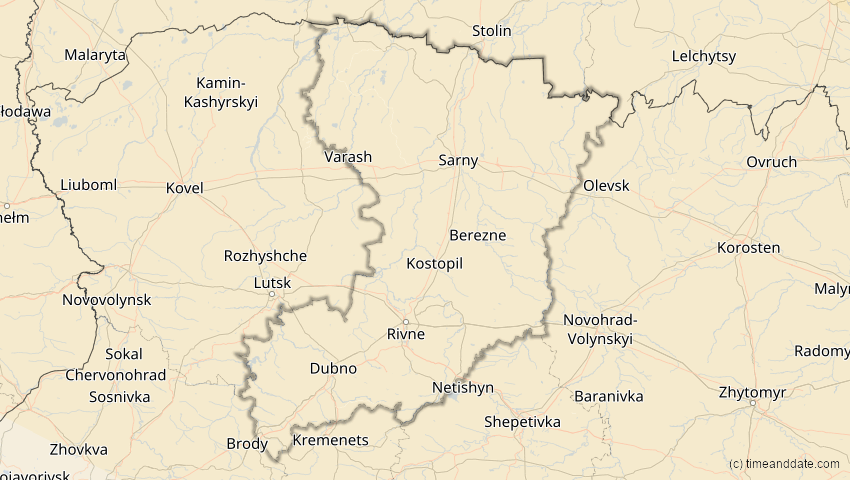A map of Riwne, Ukraine, showing the path of the 1. Aug 2008 Totale Sonnenfinsternis