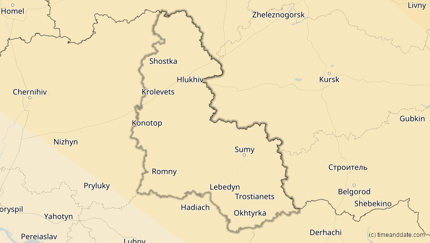 A map of Sumy, Ukraine, showing the path of the 1. Aug 2008 Totale Sonnenfinsternis