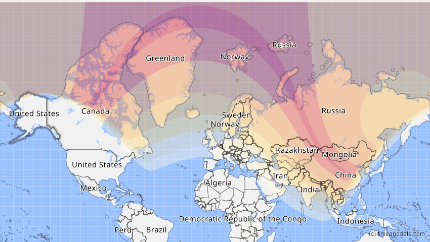 A map of Alaska, USA, showing the path of the 1. Aug 2008 Totale Sonnenfinsternis