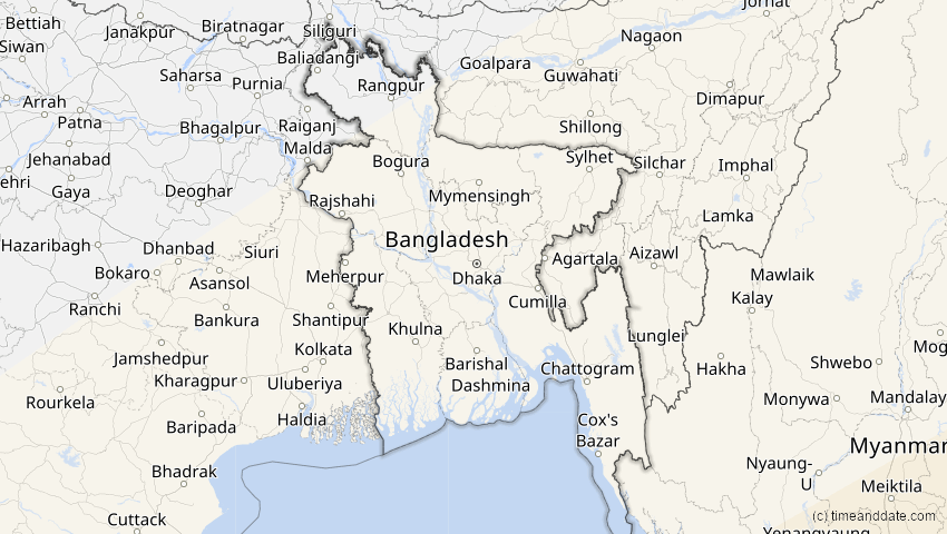 A map of Bangladesch, showing the path of the 26. Jan 2009 Ringförmige Sonnenfinsternis