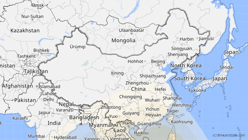 A map of China, showing the path of the 26. Jan 2009 Ringförmige Sonnenfinsternis
