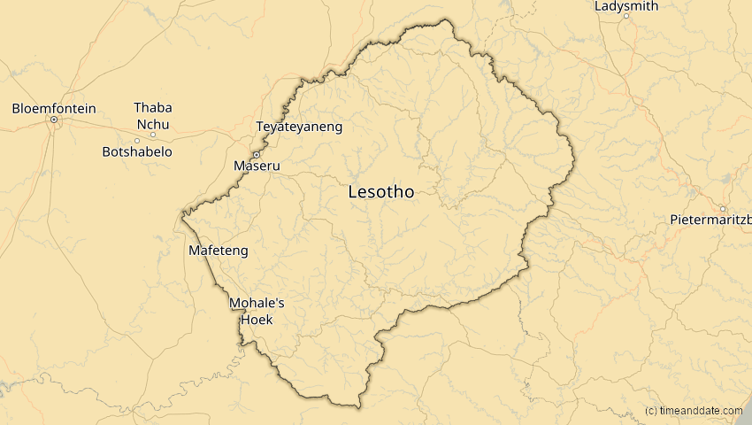 A map of Lesotho, showing the path of the 26. Jan 2009 Ringförmige Sonnenfinsternis