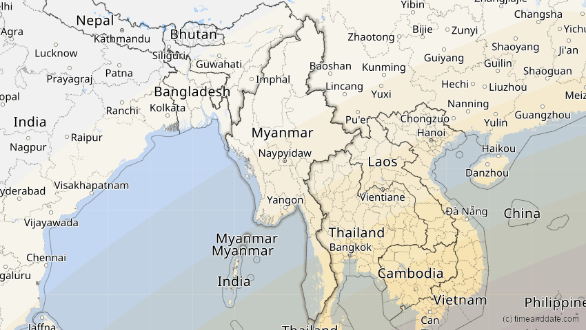 A map of Myanmar, showing the path of the 26. Jan 2009 Ringförmige Sonnenfinsternis