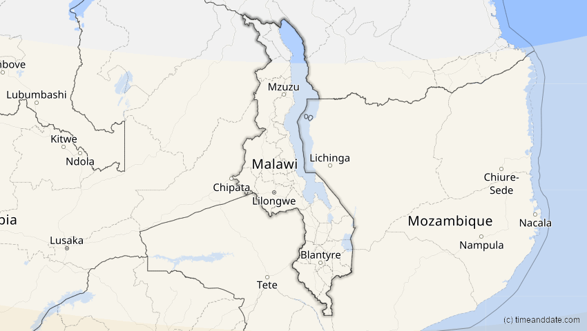 A map of Malawi, showing the path of the 26. Jan 2009 Ringförmige Sonnenfinsternis