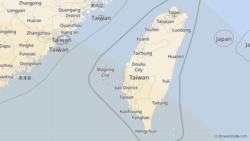 A map of Taiwan, showing the path of the 26. Jan 2009 Ringförmige Sonnenfinsternis