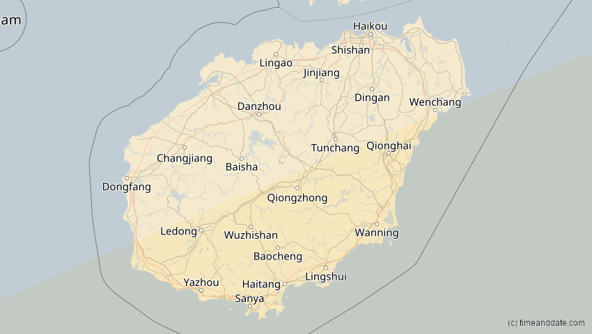 A map of Hainan, China, showing the path of the 26. Jan 2009 Ringförmige Sonnenfinsternis
