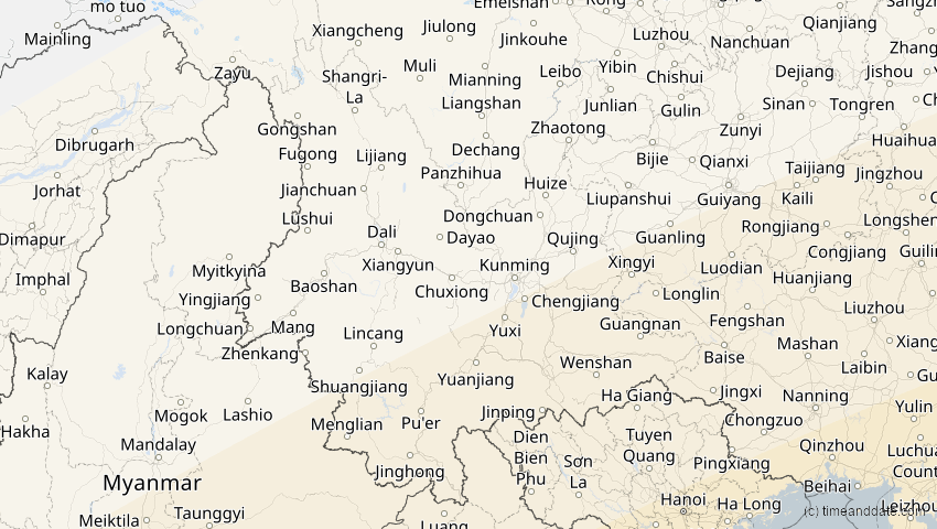 A map of Yunnan, China, showing the path of the 26. Jan 2009 Ringförmige Sonnenfinsternis