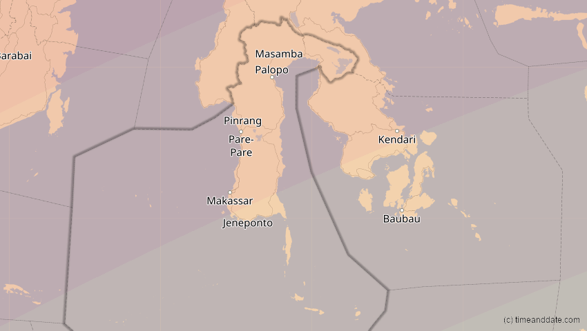 A map of Sulawesi Selatan, Indonesien, showing the path of the 26. Jan 2009 Ringförmige Sonnenfinsternis