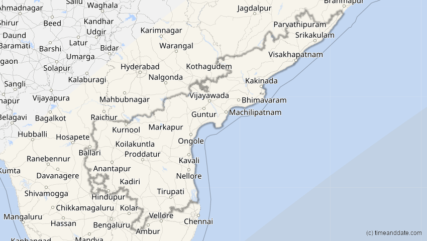 A map of Andhra Pradesh, Indien, showing the path of the 26. Jan 2009 Ringförmige Sonnenfinsternis