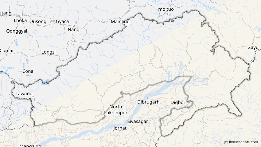 A map of Arunachal Pradesh, Indien, showing the path of the 26. Jan 2009 Ringförmige Sonnenfinsternis