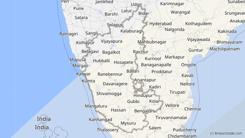 A map of Karnataka, Indien, showing the path of the 26. Jan 2009 Ringförmige Sonnenfinsternis