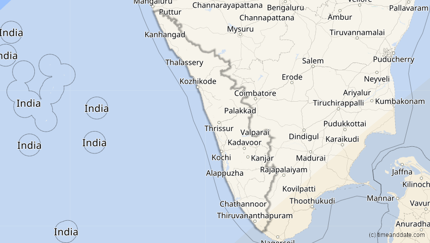 A map of Kerala, Indien, showing the path of the 26. Jan 2009 Ringförmige Sonnenfinsternis