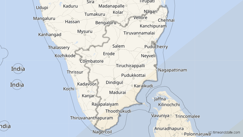A map of Tamil Nadu, Indien, showing the path of the 26. Jan 2009 Ringförmige Sonnenfinsternis