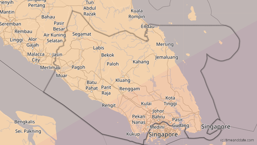 A map of Johor, Malaysia, showing the path of the 26. Jan 2009 Ringförmige Sonnenfinsternis